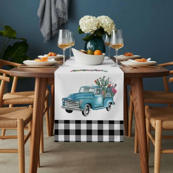 Farmhouse Truck Cacti Flower Table Runner-36 Inch Long Black White Buffalo Plaid Table Runners Linen Burlap Tablerunner for Kitchen Dining Room Holiday Party