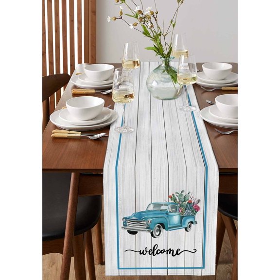 Farmhouse Truck with Cactus Table Runner 13x72in Non-Slip Cotton Linen Table Runners, Rustic Plant Wood Board Dresser Scarves TableRunner for Dinner Kitchen Dining Wedding Party