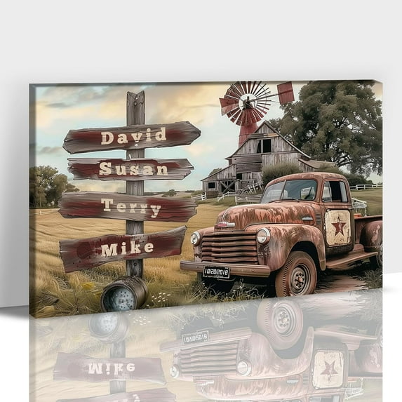 Farmhouse Truck Canvas Wall Art, Vintage Old Red Truck & Personalized Street Signs With Family Names Pictures for Room Wall Decor, Framed Custom Gifts Posters Prints for Bedroom Artwork 12x18 Inches