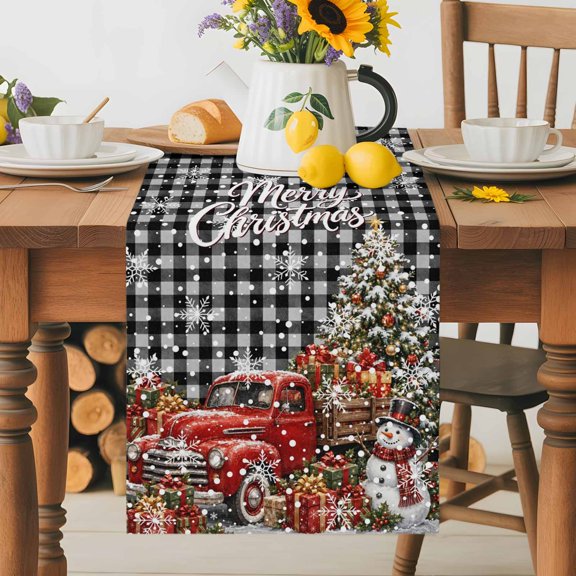Farmhouse Truck Christmas Tree Table Runner 36 Inches Long, Winter Snowman Snowflake Plaid Table Runners Tabletop Scarf Kitchen Dining Tables Decoration for Home Party Indoor Outdoor