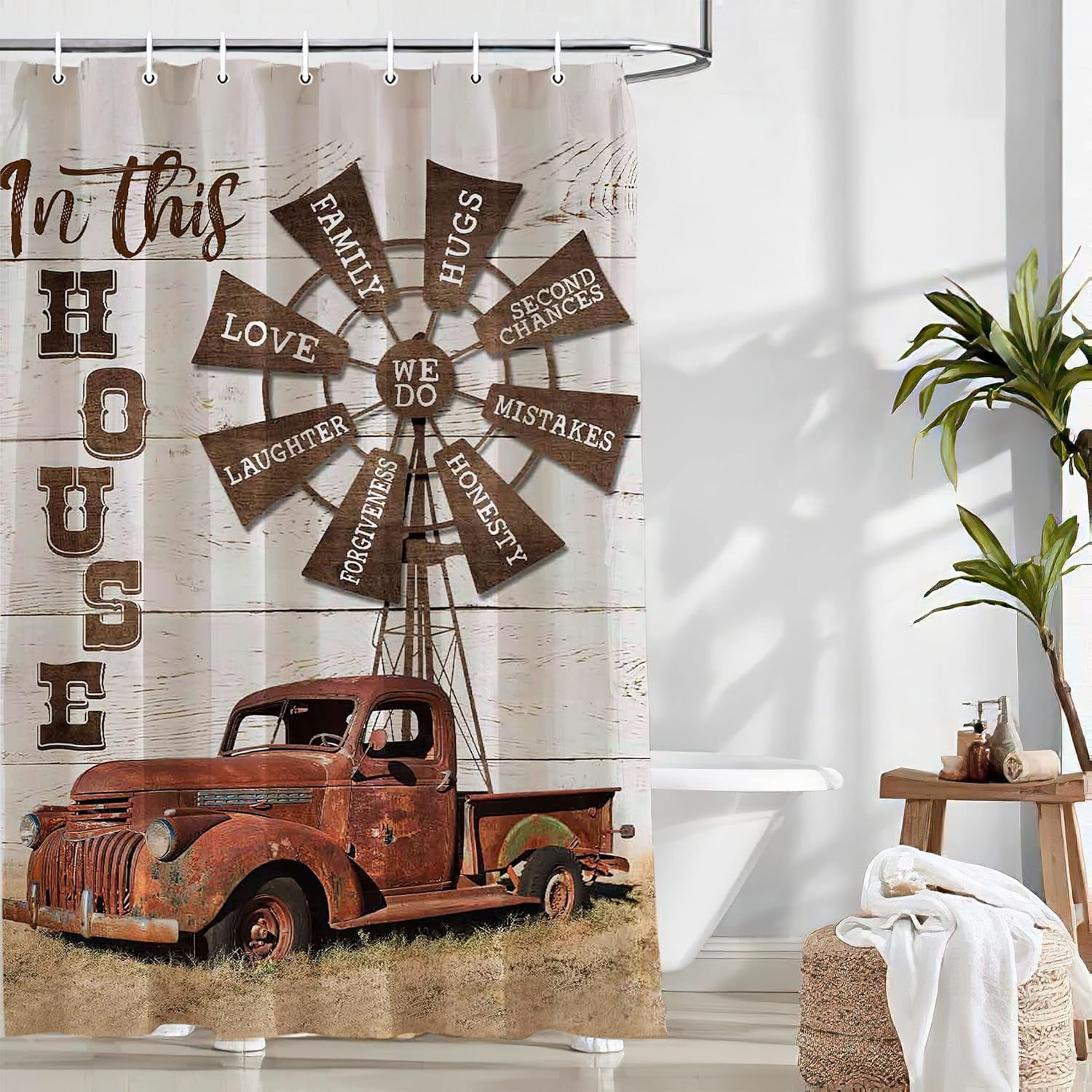 Farmhouse Truck Shower Curtain Rustic Country Windmill Bathroom Decor Shower Curtain Fabric