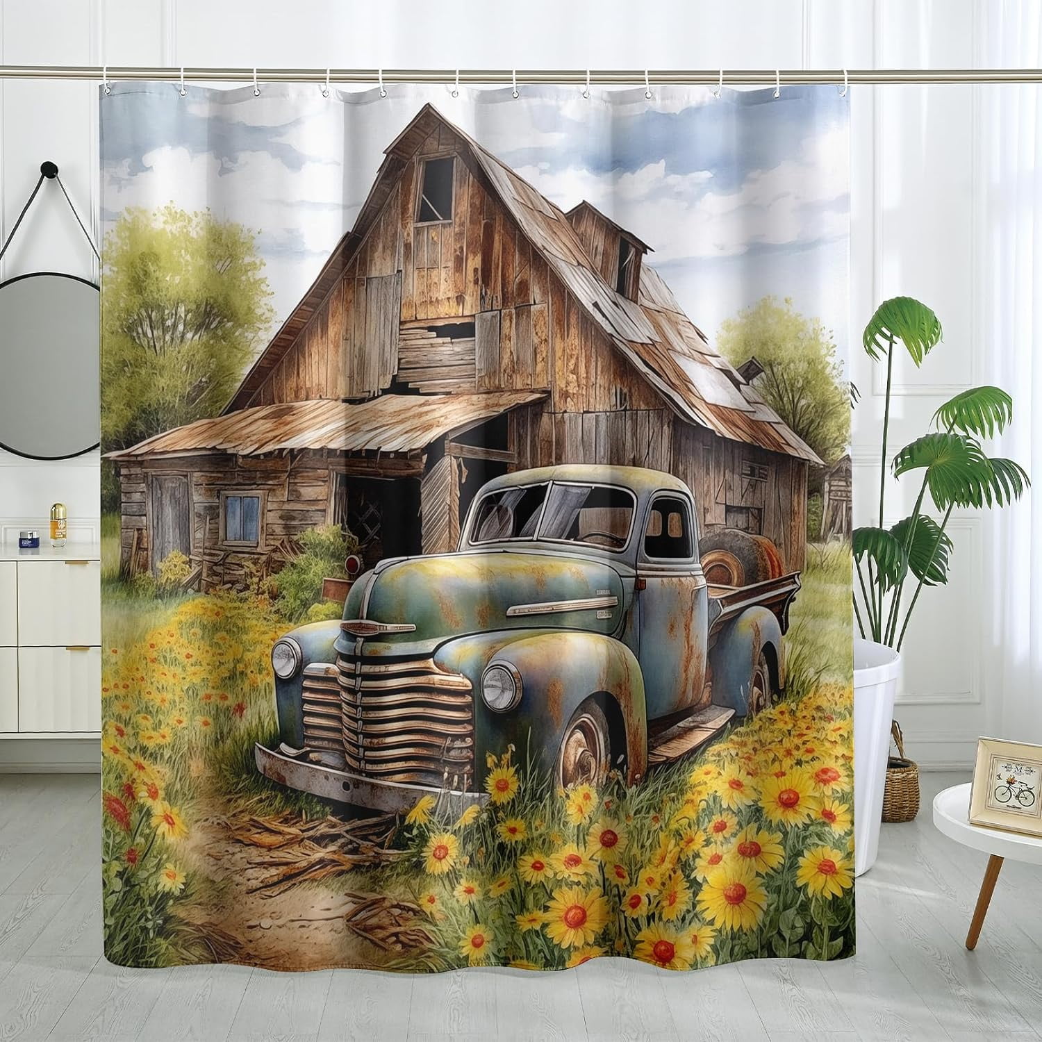 Farmhouse Truck Shower Curtain Rustic Sunflower Shower Curtain Country