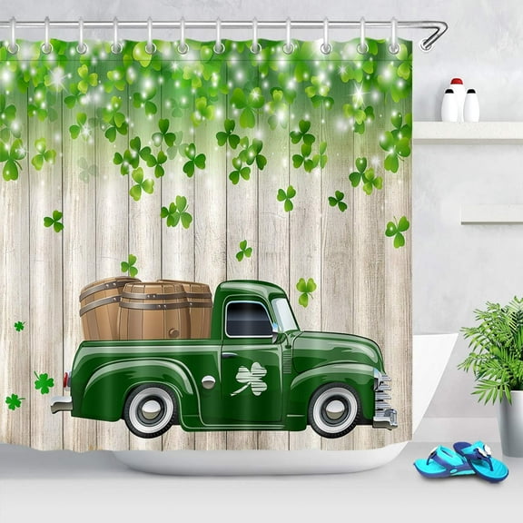 Farmhouse Truck Shower Curtains for Bathroom,St. Patricks Day Shamrock Decor Rustic Wood Green Leaf Clover Shower Curtain Set with Hooks,72x84 inch Extra Long Polyester Fabric Waterproof