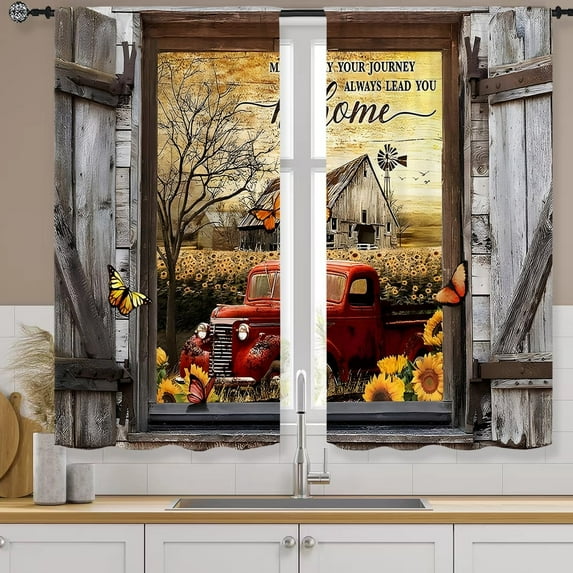 Farmhouse Truck Sunflower Kitchen Curtains Rod Pocket Country Rustic Old Barn Door Small Short Cafe Tier Curtains Bathroom Wooden Window Drapes Treatment Home Decor (27.5W X 36L Inch 2 Panel)