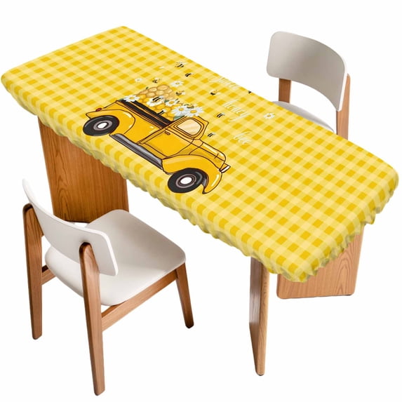 Farmhouse Truck Table Cloths for 8 Foot Rectangle Tables, Country Bee Daisy Yellow Buffalo Lattices Patio Waterproof Elastic Fitted Tablecloths, Washable Rectangular Table Cover for Camping