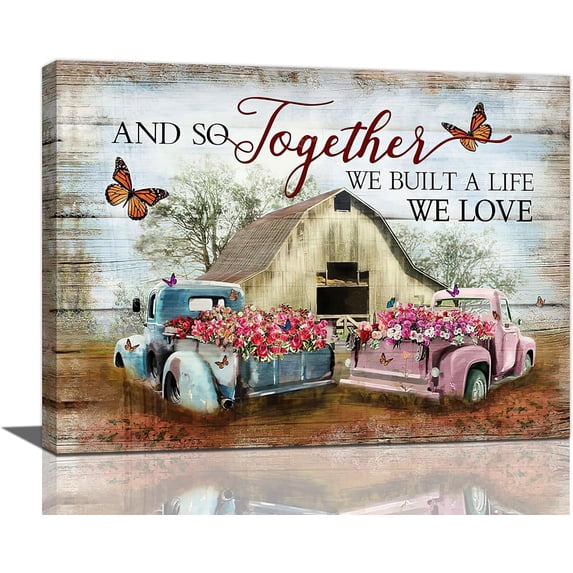 Farmhouse Truck Wall Art Barn Pictures Wall Decor Country Canvas Painting Print Flower Artwork Modern Home Decor Framed for Living room Bedroom Bathroom 16"x20"