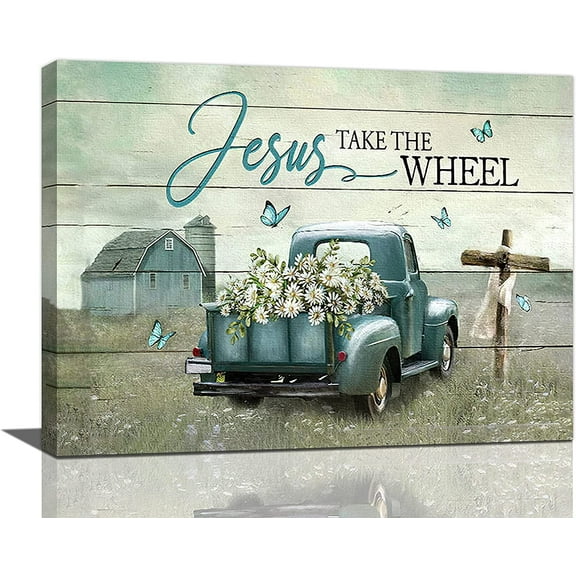 Farmhouse Truck Wall Art Old Barn Cross Daisy Wall Decor Christian Jesus Quotes Teal Pictures Canvas Prints Motivational Framed Modern Artwork for Home Living Room Bedroom Bathroom 16"x12"