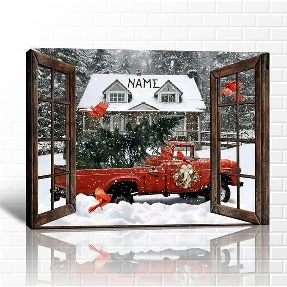 Farmhouse Truck Wall Art, Old Truck Wall Art, Personalized Farmhouse Canvas Wall Art, Red Truck with Window Picture for Country Wall Decor, Customized Wall Painting for Rustic Home Decor 12x18 Inches