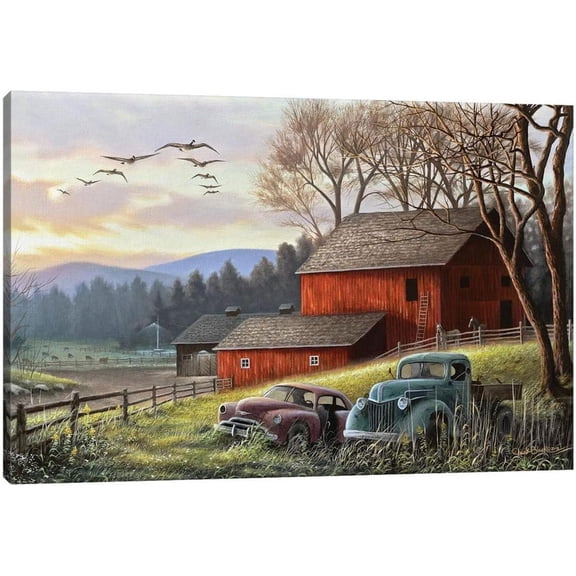 Farmhouse Truck Wall Art, Old Truck Wall Art, Rustic Farmhouse Barn Canvas Wall Art, Vintage Truck Canvas Wall Art, Old Truck Barn Autumn Landscape Pictures Wall Decor for Farmhouse 12x18 Inches