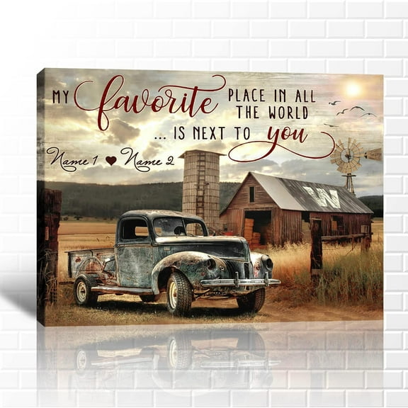 Farmhouse Truck Wall Art, Old Truck Wall Art, Rustic Farmhouse Canvas Wall Art, Vintage Truck Canvas Wall Art, Personalized Valentines Day Gifts, Customized Anniversary Couples Gifts 12x18 Inches