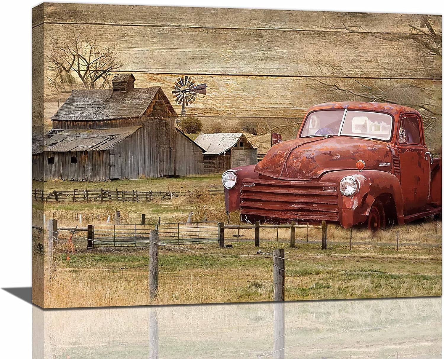 Farmhouse Truck Wall Art Rustic Old Barn Windmill Picture Decor Country ...