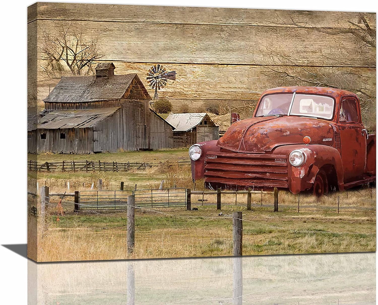 Farmhouse Truck Wall Art Rustic Old Barn Windmill Picture Decor Country ...