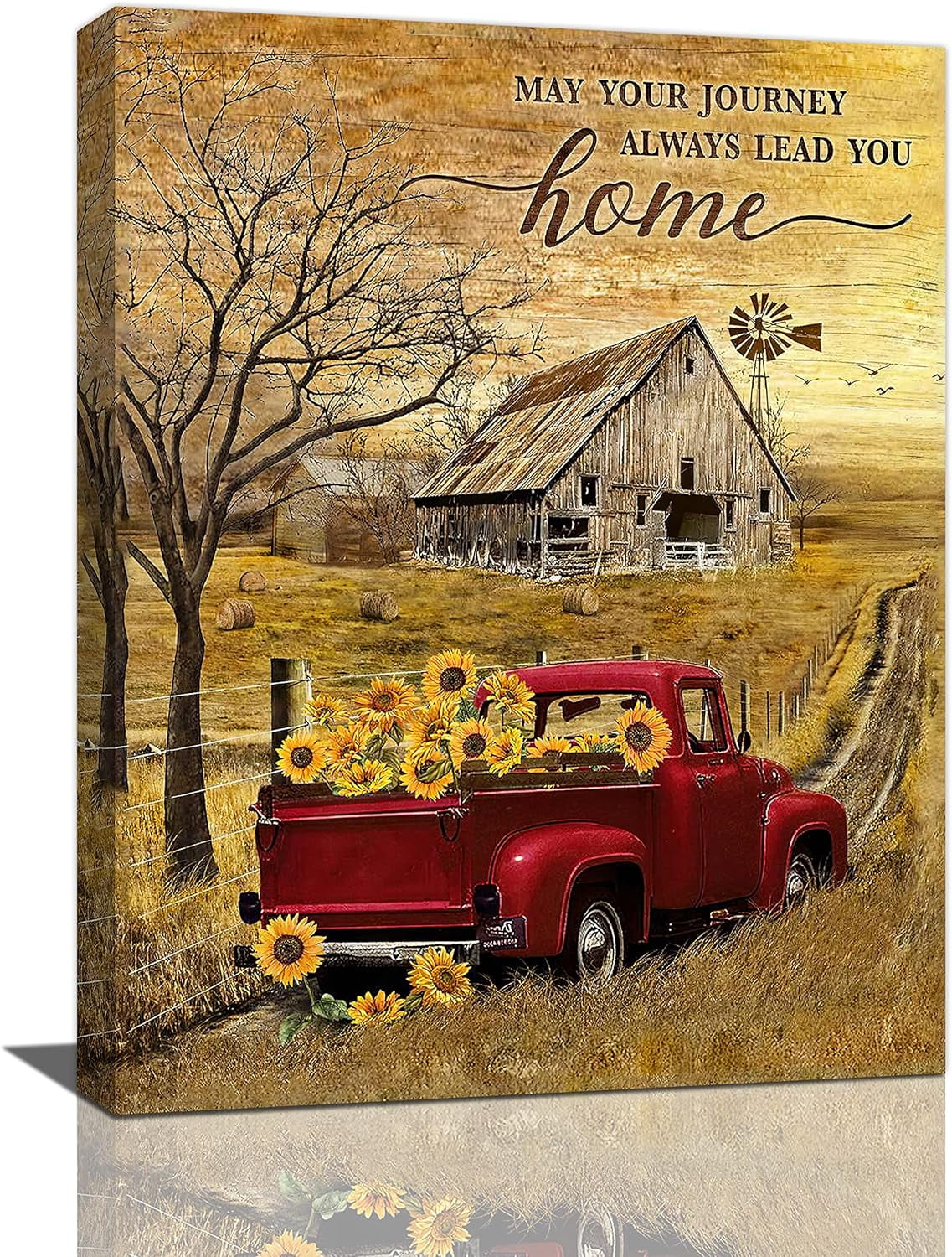Farmhouse Truck Wall Art Rustic Red Truck Sunflower Pictures Wall Decor