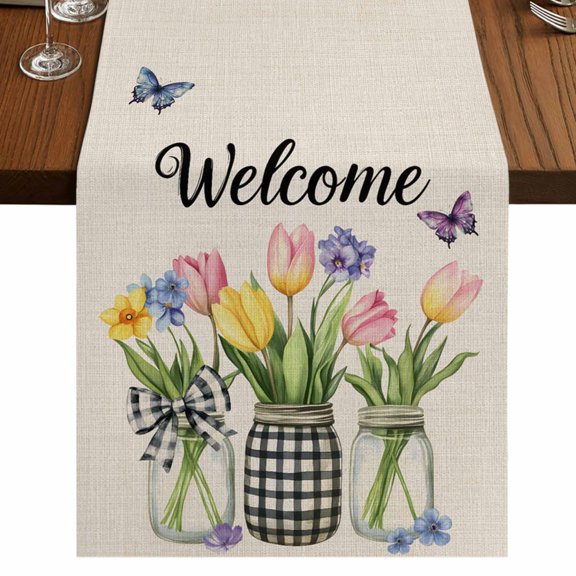 Farmhouse Tulip 48 Inch Table Runner, Spring Botanical Flowers Retro Farmhouse Dresser Scarf Cotton & Linen Tablerunner for Dining/Kitchen Island/Holiday Party Décor 13" x 48"