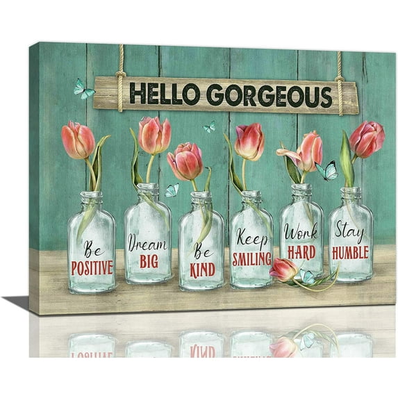 Farmhouse Tulips Flower Decor Wall Art Rustic Hello Gorgeous Girl Country Butterfly Floral Pictures Wall Decor Canvas Painting Prints Artwork Decorations Framed for Bathroom Bedroom Kitchen 16"x12"