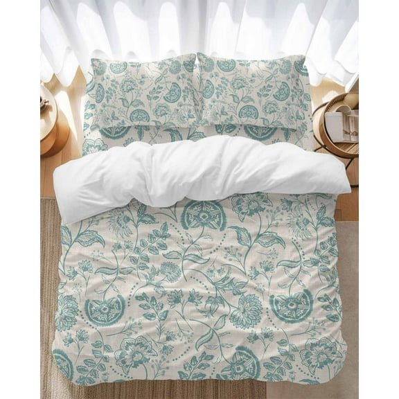Farmhouse Turquoise Floral Bedding Duvet Cover Set Twin Size 4 Pieces Linen Boho Paisley Flower Rustic Bedding Set with Zipper Closure, 1 Comforter Cover 68x86 Inches 1 Flat Sheet & 2 Pillow Cases