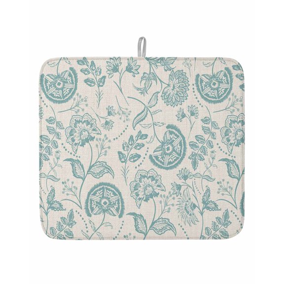Farmhouse Turquoise Floral Dish Drying Mat 16x18 inch Linen Boho Paisley Flower Rustic Super Absorbent Microfiber Dish Drying Pad for Kitchen Countertops Sink Dish Drainer Racks Bar Mats 1 Pack