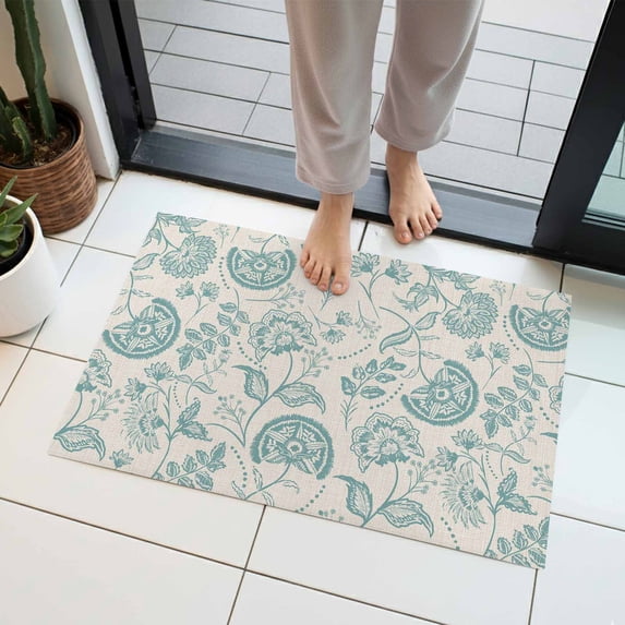 Farmhouse Turquoise Floral Indoor Door Mat 20x31.5 Inch Linen Boho Paisley Flower Rustic Front Door Mat Non Slip Washable Entryway Rug Low Profile Dirt Trapper Doormat for Bathroom Kitchen Bedroom