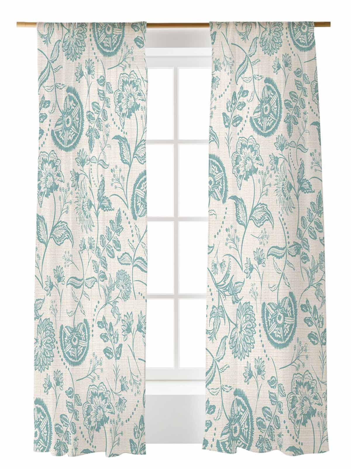Farmhouse Turquoise Floral Sheer Curtains 2 Panels Set Linen Boho ...