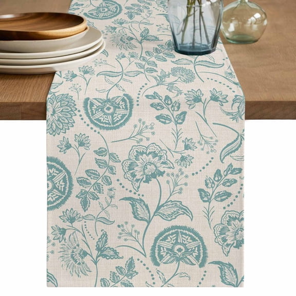 Farmhouse Turquoise Floral Table Runner, Linen Boho Paisley Flower Rustic Cotton Linen Kitchen Table Decoration Washable Dining Tabletop Runners for Home Party Decor 13x90 Inches