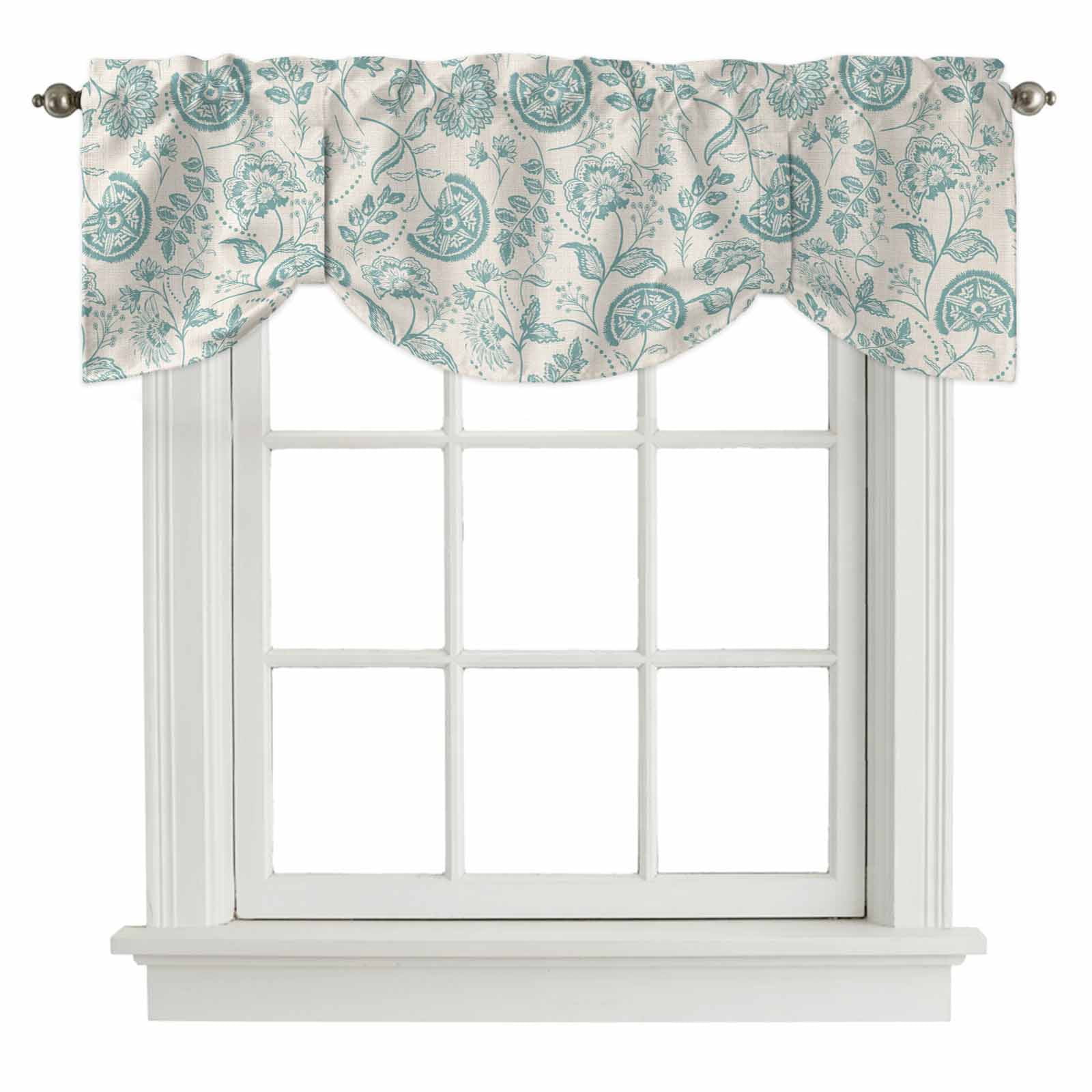 Farmhouse Turquoise Floral Tie Up Valances Curtain, Linen Boho Paisley Flower Rustic Adjustable Rod Pocket Short Window Treatment Tie Up Curtains Valances for Kitchen Living Room 54x18 In