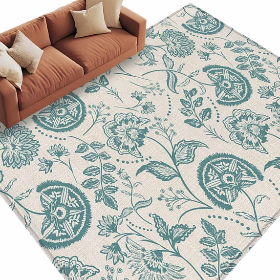 Farmhouse Turquoise Floral Washable Area Rug 6 x 9 ft Linen Boho Flower Rustic Country , Soft Non Slip Rugs Stain Repellent Indoor Felt Carpet for Living Dining Room Bedroom Home Office