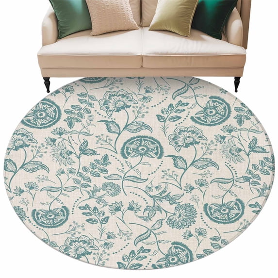 Farmhouse Turquoise Floral Washable Round Area Rug 8 ft, Linen Boho Flower Rustic Country , Soft Non Slip Rugs Stain Repellent Indoor Felt Carpet for Living Dining Room Bedroom Home Office