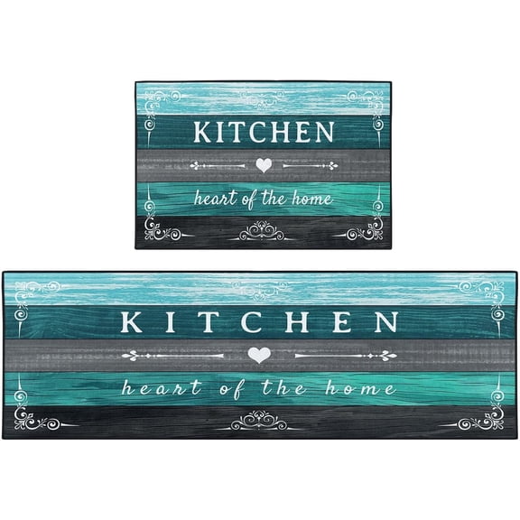 Farmhouse Turquoise Kitchen Rugs and Mats Non Skid Washable Set of 2, Teal Grey Wooden Texture Floor Mats, Vintage Home Runner Rug, Rustic Kitchen Decor