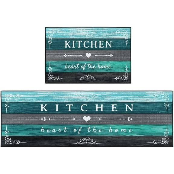 Farmhouse Turquoise Kitchen Rugs and Mats Non Skid Washable Set of 2, Teal Grey Wooden Texture Kitchen Floor Mats, Vintage Home Kitchen Runner Rug, Rustic Kitchen Decor