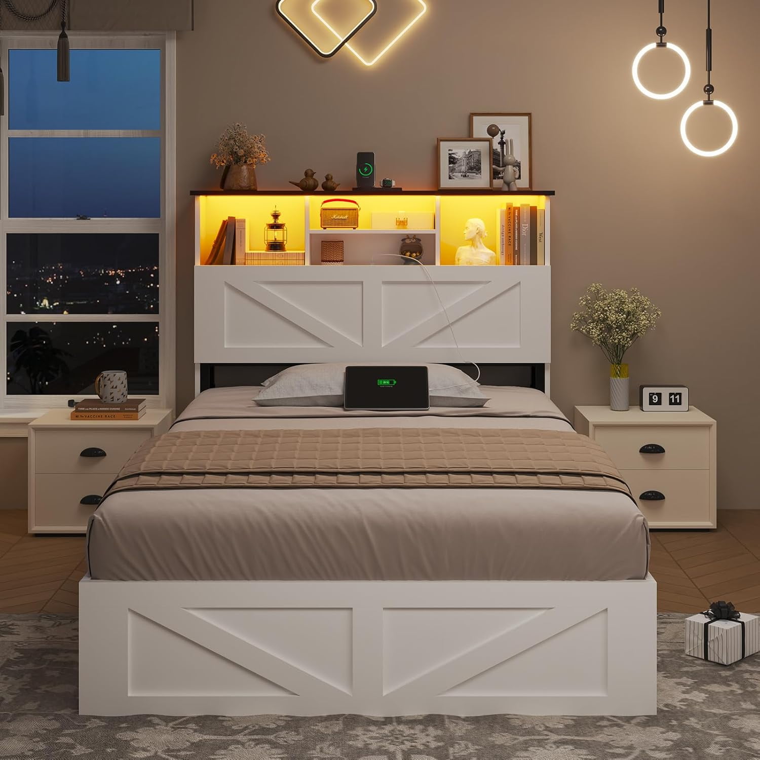 Farmhouse Bed Frame Twin Size with Bookcase & Storage Drawers LED ...