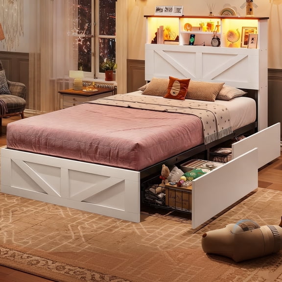 Twin Farmhouse Bed Frame with LED Headboard, 4 Storage Drawers & USB Charging, White