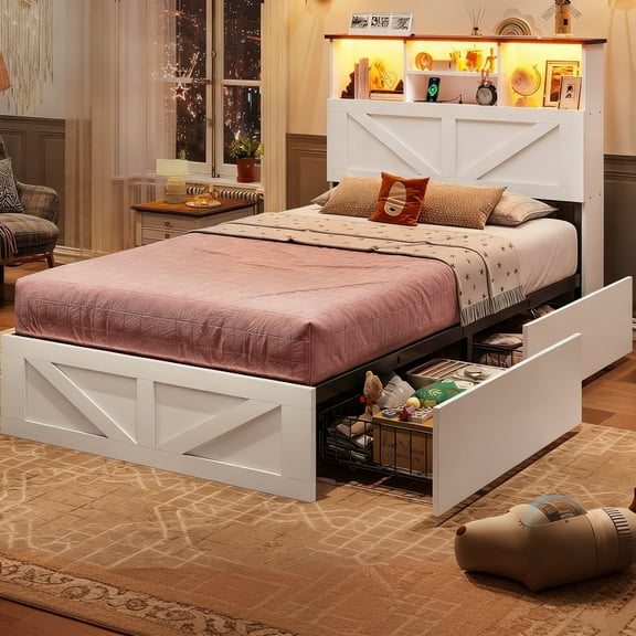 Farmhouse Twin Size Bed Frame with Bookcase Headboard and 4 Drawers, No Box Spring Needed, LED Wood Platform Storage Bed, White