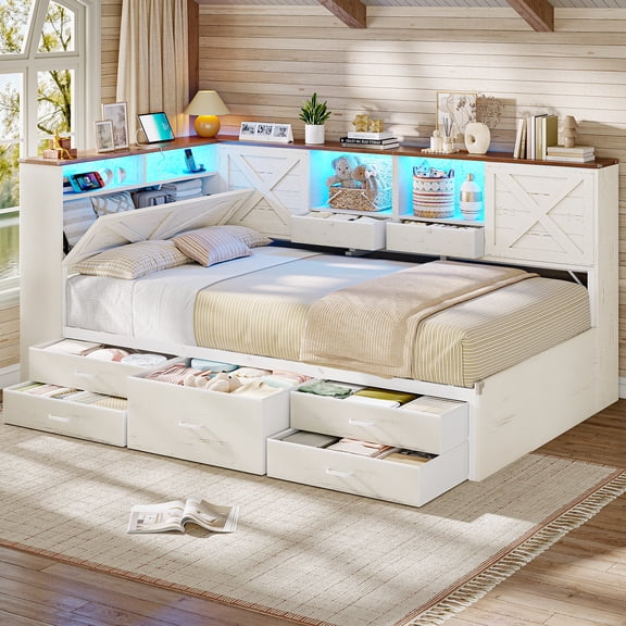 Farmhouse Twin Corner Bed with 7 Drawers & Sliding Doors,White Farmhouse Twin Daybed with 2 Tier Side Bookshelves,Hidden Headboard,Led Lights, Charging Station,No Box Spring Needed
