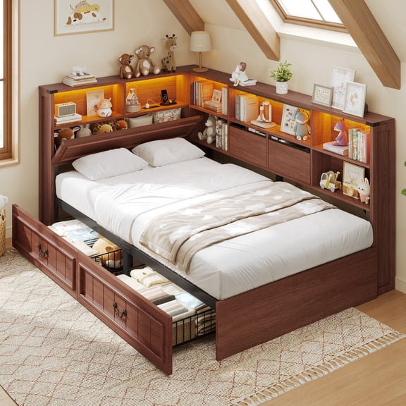 Farmhouse Twin Daybed With Bookcase & Charging Station Corner Bed Frame With Led Lights & 2 Storage Drawers