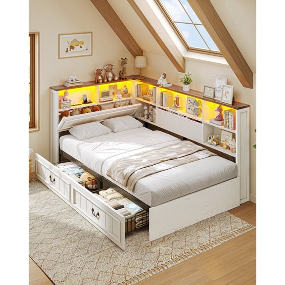 Farmhouse Twin Daybed With Bookcase & Charging Station Corner Bed Frame With Led Lights & 2 Storage Drawers