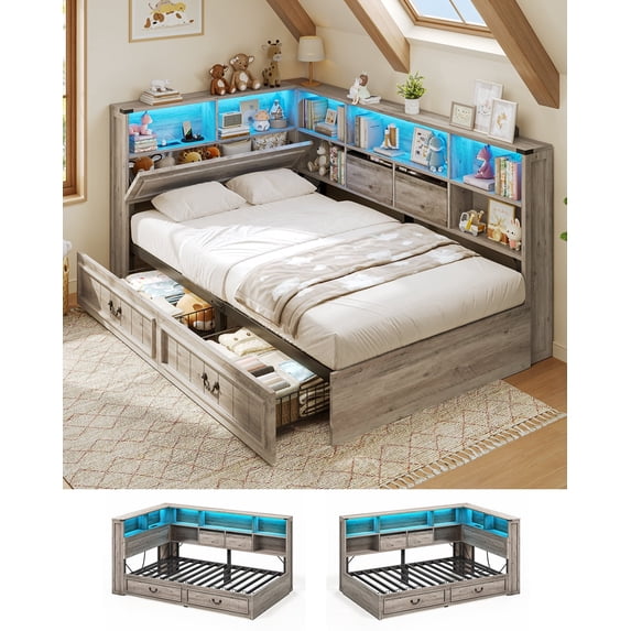 Farmhouse Twin Daybed With Bookcase & Charging Station Corner Bed Frame With Led Lights & 2 Storage Drawers