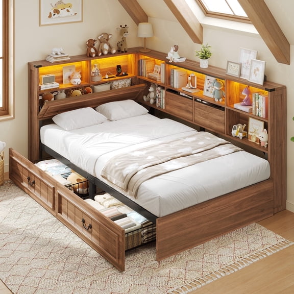 Farmhouse Twin Daybed With Bookcase & Charging Station Corner Bed Frame With Led Lights & 2 Storage Drawers