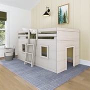 Farmhouse Twin Low Loft with 2 Windows, White Wash