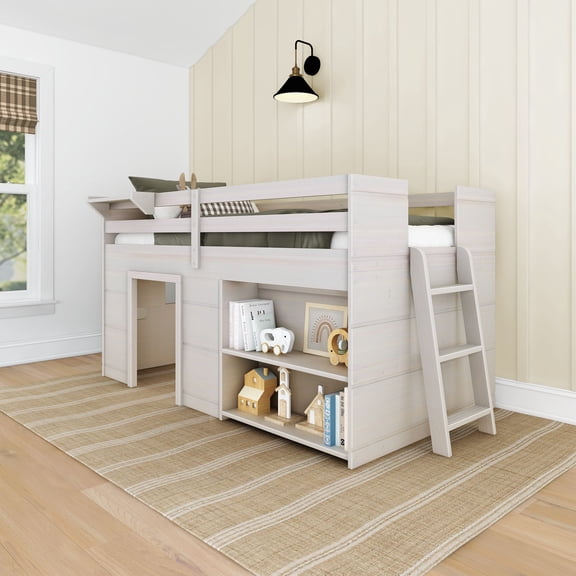 Farmhouse Twin Low Loft with Bookcase, White Wash