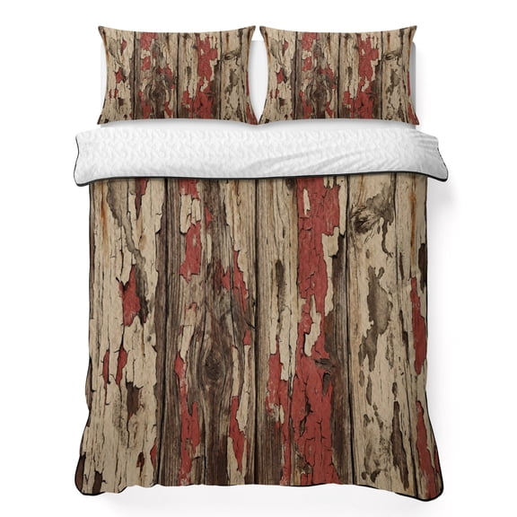 Farmhouse Twin Quilt Bedding Set, Country Rustic Shabby Chic Retro Wooden Texture Lightweight Comforter with 2 Pillow Shams Bedroom Bedspread Set Home Decor for All Seasons