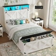 thumbnail image 1 of Farmhouse Twin Size Bed Frame with Charging Station and LED Lights, Twin Platform Bed with Tall Headboard,Bed Frame with Storage Ottoman, No Box Spring Needed, White, 1 of 9