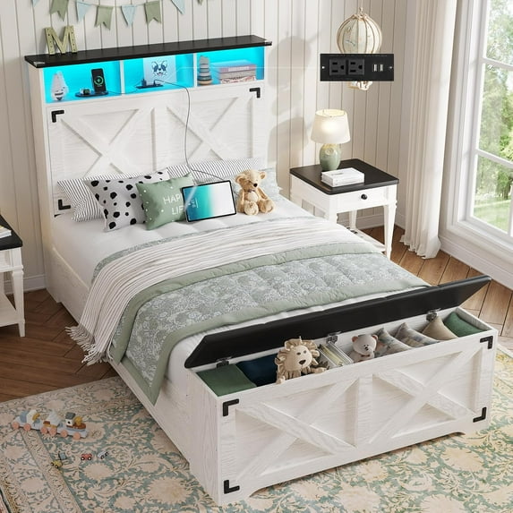 Farmhouse Twin Size Bed Frame with Charging Station and LED Lights, Twin Platform Bed with Tall Headboard,Bed Frame with Storage Ottoman, No Box Spring Needed, White