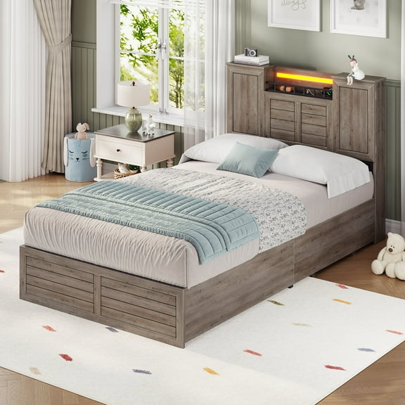 AOGLLATI Farmhouse Twin Size Bed Frame with Double Barn Door Storage Cabinets, Rustic Wooden Bed Frame with 4 Drawers and LED Lights, No Box Spring Needed, Grey