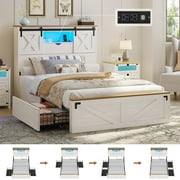 Farmhouse Twin Size Bed Frame with LED Lights, Charging Station, Wooden Twin Bed with Storage Bookcase Headboard, 2 Drawers, Country Rustic Bed Frame with Sliding Barn Door,White