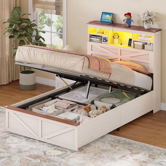 Farmhouse Twin Size Bed Frame with Lift Up Storage & Bookcase Headboard - Wood Platform Bed with USB Charging Station, LED Lights, No Box Spring Needed, White