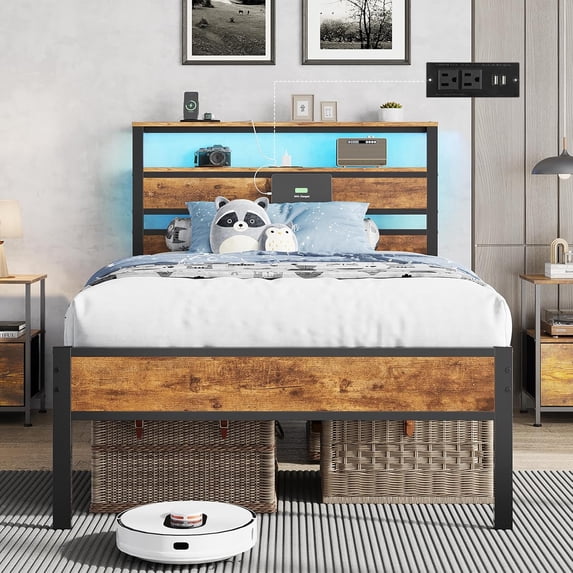 Farmhouse Twin Size Bed Frame with Storage Headboard, LED Lights and Charging Station, High Metal Platform Bed Twin Size with Heavy Duty Slats, Under Bed Storage, No Box Spring Needed