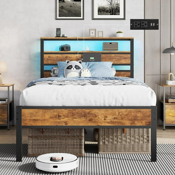 Farmhouse Twin Size Bed Frame with Storage Headboard, LED Lights and Charging Station, High Metal Platform Bed Twin Size with Heavy Duty Slats, Under Bed Storage, No Box Spring Needed