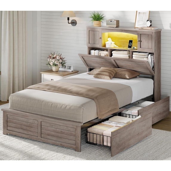 EaseLiving Farmhouse Twin Size Bed Frame with Bookcase Headboard ...