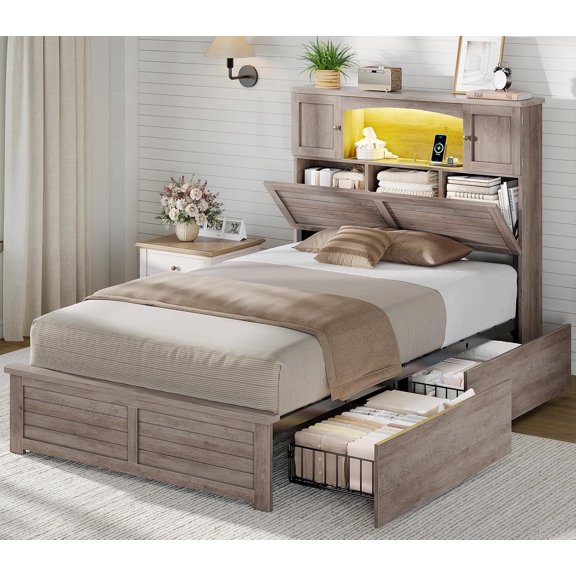 Farmhouse Twin Size Bed Frame with Bookcase Headboard, Wood Platform Bed with LED Lights & 4 Drawers, No Box Spring Needed, Grey