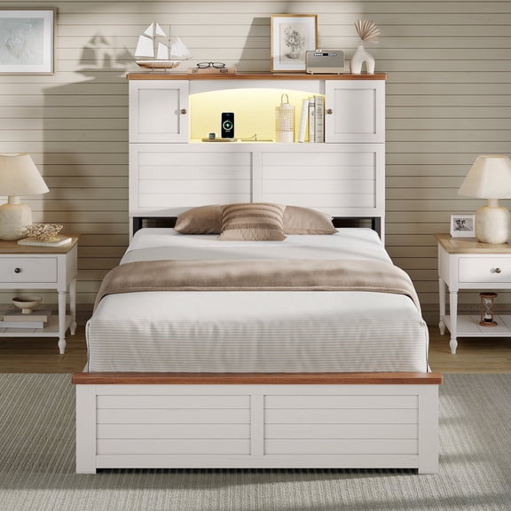 Farmhouse Storage Bed Frame with Bookcase Headboard - Twin Size Platform Bed with 4 Drawers, No Box Spring Needed, White Finish for Modern Bedroom
